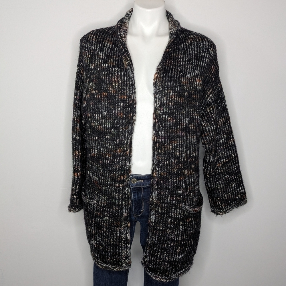 Express Black Brown Thick Chunky Knit Wool Blend Open Cardigan Sweater OSFM